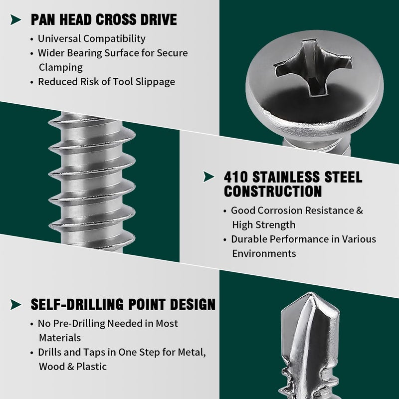 EASTLO #10 x 3/4" Pan Head Self Drilling Screws, Phillips Drive, 410 Stainless Steel Sheet Metal Screws,Self Tapping, Dovetail, Pack of 100 - Image 5